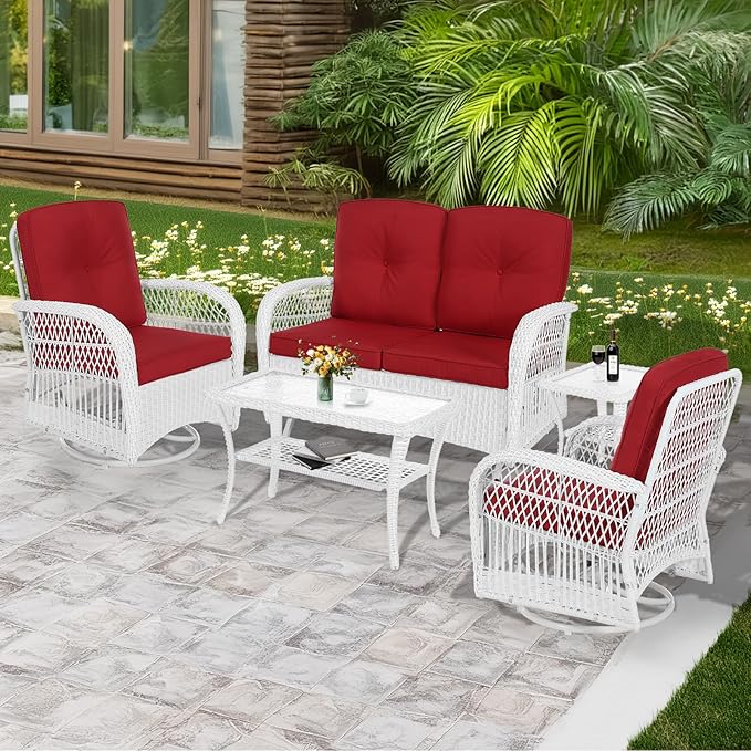 MEETWARM 5 Pieces Outdoor Patio Rattan Furniture Sets, All Weather Patio Wicker Conversation Set - 2 Rocking Swivel Chairs 1 Rattan Loveseat Glider with Cushions, 2 Coffee Table, White Wicker/Red