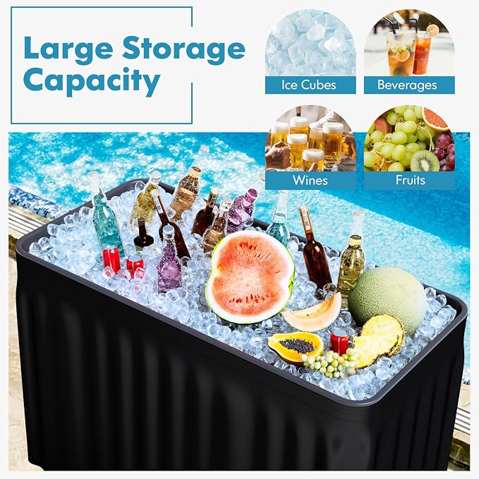 4 Foot Ice Tables for Parties with Drain, Ice Cooler Folding Table with Removable Matching Skirt, Party Ice Bin Table, Cooler Table Outdoor, Ice Table for BBQ, Camping & Picnic, Black