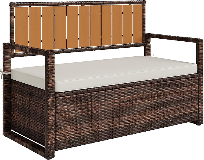 Litake Outdoor PE Rattan Storage Bench with Cushion – Iron & Plastic Wood Frame, Waterproof Fabric Seat – for Patio, Garden, Porch – Yellow or Dark Brown Rattan