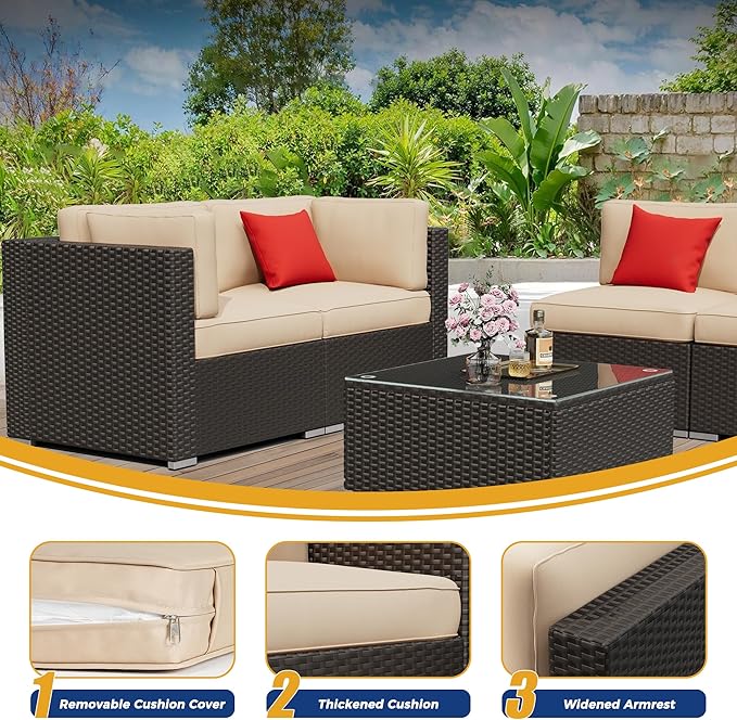7 Pieces Outdoor Patio Furniture Set, Black Brown Wicker Patio Sectional Sofa Set, Outdoor Couch with Cushion and Tempered Glass Table, Brown
