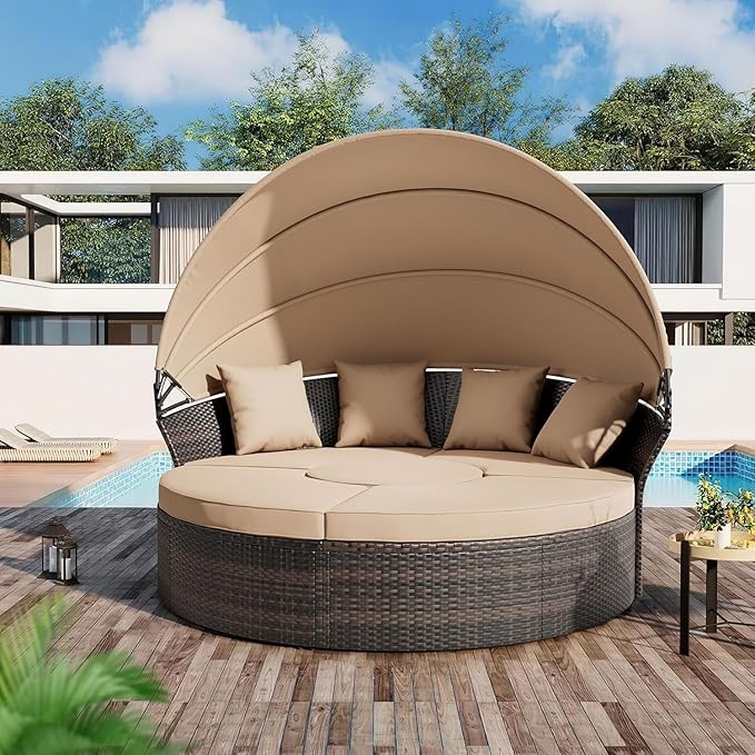 Patio Round Daybed with Canopy, Outdoor Wicker Rattan Sectional Sofa Set with Cushions, Patio Conversation Set for Backyard, Porch, Pool (Brown)