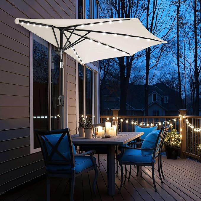 9FT Solar Half Umbrellas Outdoor - LED Half Patio Umbrella with 25 Lights, UV Protection Waterproof, Half Round Umbrella for Wall Balcony, Pool, Porch, Garden, Deck, Backyard, Ivory
