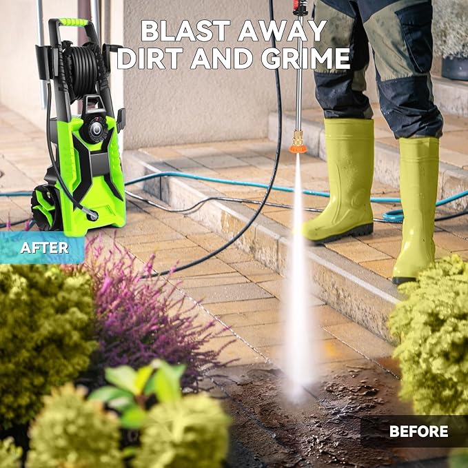 𝐄𝐥𝐞𝐜𝐭𝐫𝐢𝐜 𝐏𝐨𝐰𝐞𝐫 𝐖𝐚𝐬𝐡𝐞𝐫 𝟓𝟎𝟎𝟎𝐏𝐒𝐈 Adjustable Pressure, Power Wahser Powered with 33FT Pipe, 4 Nozzles for Home/Cars/Fences, Green