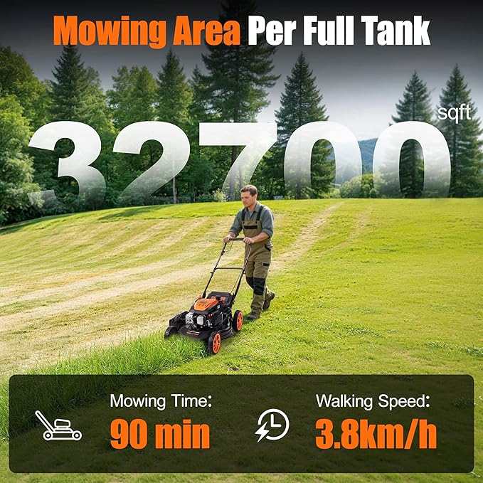 21-Inch Self-Propelled Gas Lawn Mower, 170CC 4-Stroke Engine, 7-Position Height Adjustment, 3-in-1 Mulching, Bagging & Side Discharge, 1.9-Bushel Grass Collector, EPA Compliant
