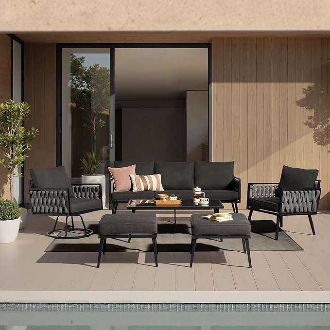 Outdoor Patio Furniture Set, 6-Piece Metal Conversation Furniture Sofa with Coffee Table, All Weather Patio Couch Sofa with Thick Cushions for Balcony Backyard,Black