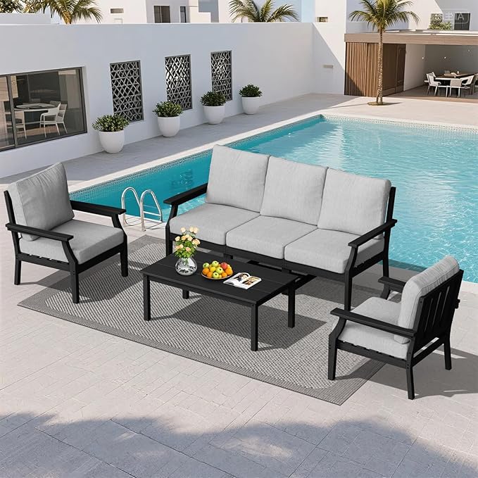 HDPE Patio Conversation Set, 6-Piece All Weather Outdoor Furniture Set with 2 Single Armchairs for Deck, Lawn, with Cushion, Black
