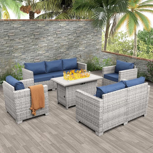 WAROOM Patio Furniture Set 5 Piece Outdoor Furniture with Fire Pit Table, Grey Wicker Sectional Sofa Couch Sets Backyard Deep Seating PE Rattan Chairs with Navy Blue Cushion