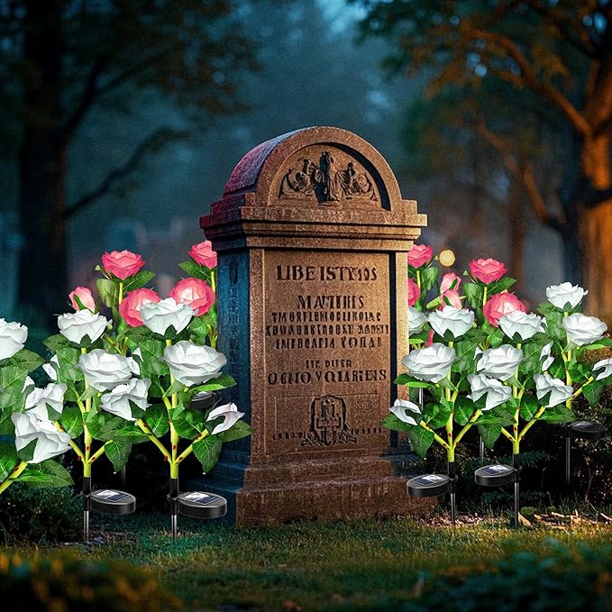 Anordsem Solar Garden Lights Outdoor: 10 Artificial Fabric Pink Roses Flowers 2 Pack- LED Flower Decorations for Cemetery Grave Pathway Yard- Mothers Day Gifts for Women, Wife and Mother