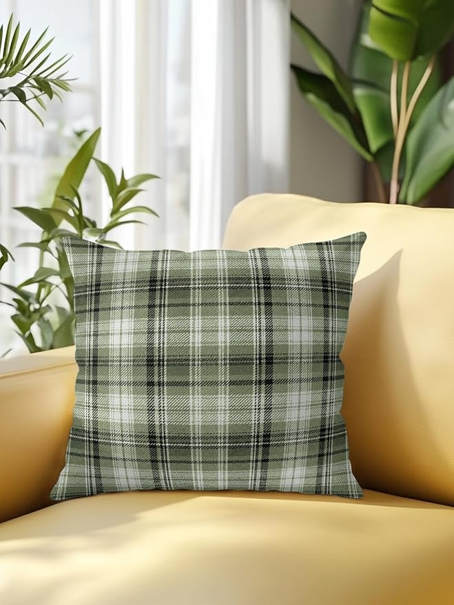 Waterproof Outdoor Pillow 1 Pack Green Checked Plaid Decorative Throw Pillows Cover & Insert 18x18 Inch Pillowcase Stripes Woven Grid Square Pillows for Couch Sofa Bed Patio Furniture Indoor Outdoor