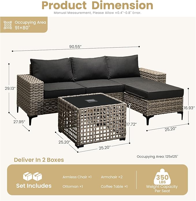 HOOOWOOO Outdoor Sectional Furniture Set with Solar Table,5 Pieces Wicker Patio Conversation Sets,L Shape All Weather Resistant Outside Couch Sofa Ottoman,Black