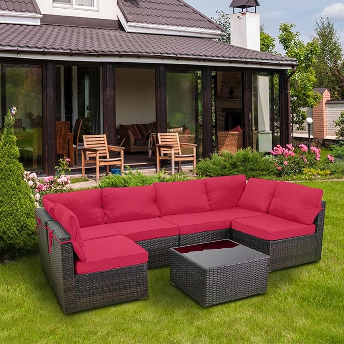 7 Pieces Outdoor Patio Furniture Sets,Rattan Conversation Sectional Set,Manual Weaving Wicker Patio Sofa with Tea Table