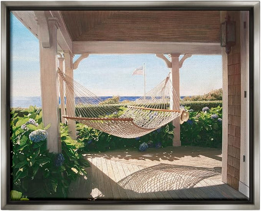 'Tranquil Hammock Warm Sunlit Porch Rural'| Floating Frame Canvas Art | Stupell Industries | Gray, 31 x 25 Inches, Easy to Hang and Sturdy, Made in USA, by Tom Mielko
