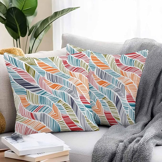 Vandarllin Outdoor Throw Pillows Covers 18x18 inch Set of 2 Waterproof Summer Beach Decorative Zippered Cushion Covers for Patio Furniture, Orange Blue Abstract Leaf Lines Lumbar Pillowcases