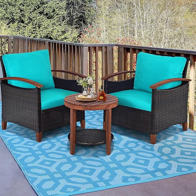 HAPPYGRILL 3-Piece Patio Conversation Set Outdoor Rattan Wicker Sofa Set with Cushion and Acacia Wood Frame Table and Chairs Set for Garden Poolside Balcony