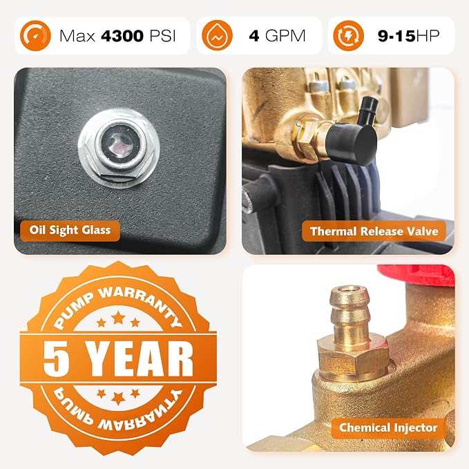 4300 PSI Pressure Washer Pump, 1" Shaft, Commercial Replacement Pump | Professional Cleaning Performance • Long Service Life • 2800PSI-4300 PSI,4.0 GPM • Triplex Plunger Pump for Gas Power Washers