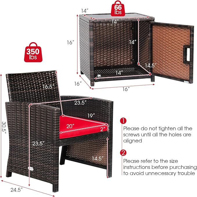 Tangkula 3 Pieces Outdoor Wicker Conversation Set with Waterproof Cover, 2 Patio PE Rattan Cushioned Chairs with Side Storage Table, Suitable for Front Porch, Balcony, Garden, Poolside and Yard (Red)