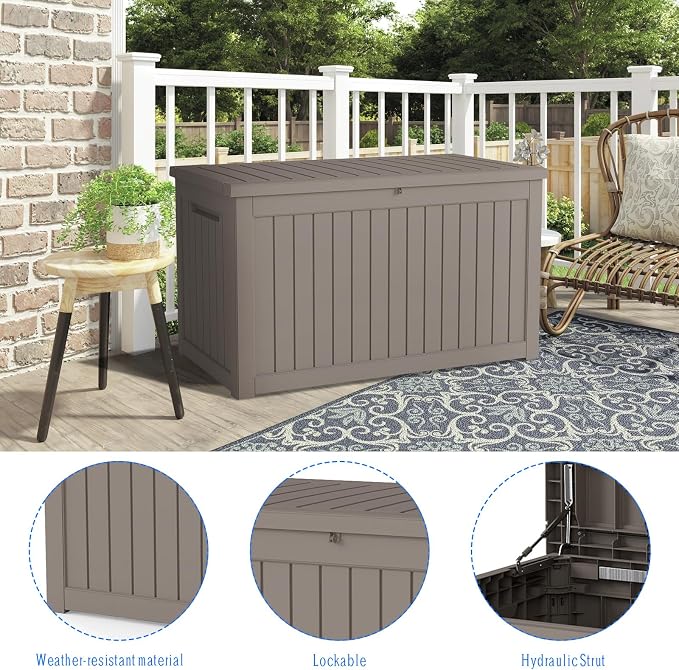 230 Gallon Waterproof Resin Outdoor Storage Box, Lockable & UV Resistant | Patio Deck Boxes, Outside Storage for Patio Cushions, Pool Toys, Garden Tools & Package Delivery, Brown