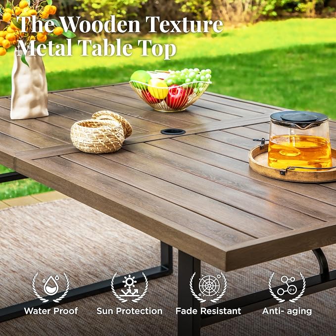 MIXPATIO Outdoor Patio Dining Table for 6, Teak Rectangle Patio Table with Umbrella Hole, All Weather Wrought Iron Black Outdoor Table for Garden Backyard Lawn Yard