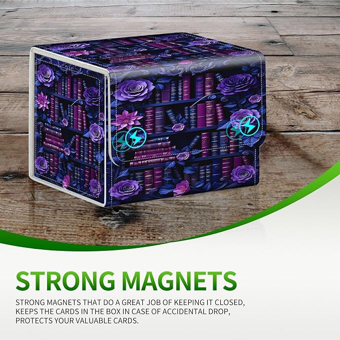 Card Deck Box for MTG, Cards Storage Box Fits 120+ Sleeved, Leather Small Size Strong Magnetic Closing Card Case for Board Games Magic TCG CCG Baseball Collection, Purple Flower Books