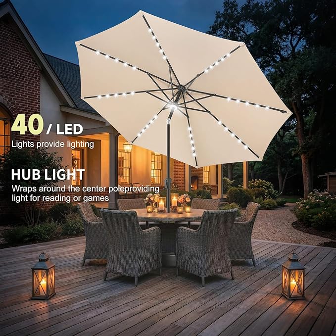 10ft Solar Umbrella Outdoor - Lighted Solar Patio Umbrella with 40 LED Lights Waterproof UV Protection, Table Umbrella with Tilt for Pool, Porch, Garden, Deck, Backyard (Beige)