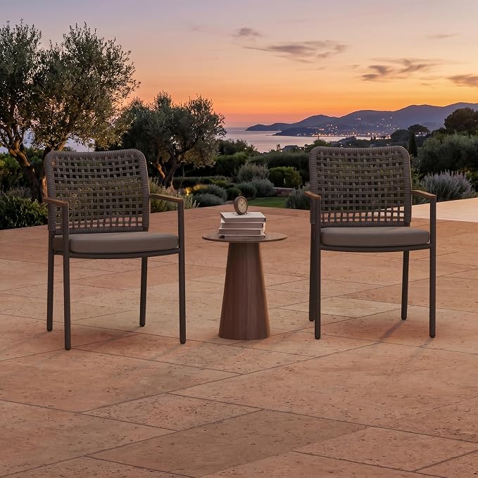 Modern Shade Riviera Outdoor Dining Chairs Set of 2, Fade Resistant, All-Aluminum Woven Rope Outdoor Chairs with FSC Teak Wood Armrests, Weather-Resistant Patio Chair with Quick Dry Cushion, Gray