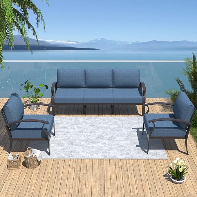 Kurapika Aluminum Patio Furniture Set 5-Seat Modern Metal Outdoor Conversation Sets w/5.1 Inch Cushion Patio Sectional Sofa, Navy Blue