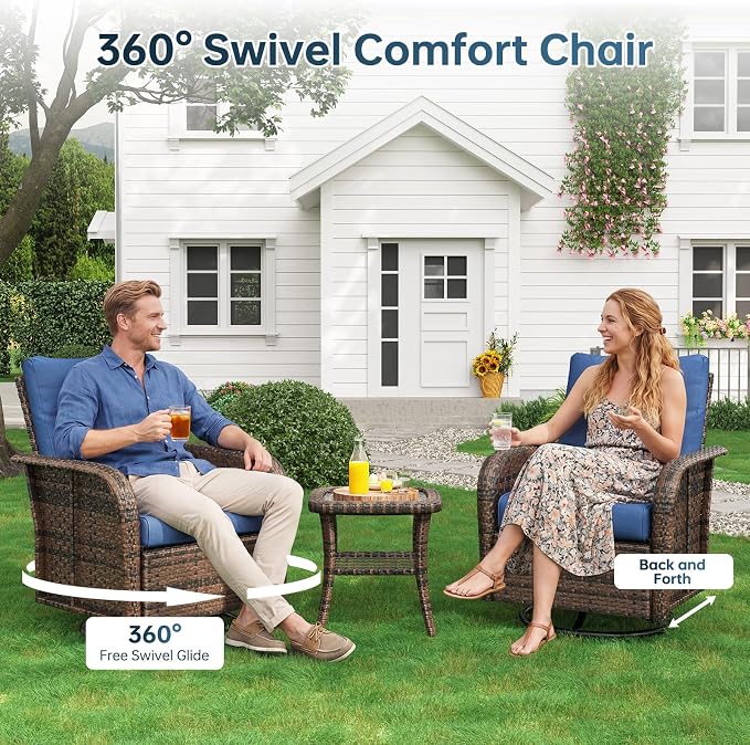 LazySunsets Luxury 9-Piece Patio Furniture Set, 360° Swivel Chairs, Wicker Rattan Sofa with Thick Cushion, Outdoor Conversation Set for Backyard, Poolside & Garden, Brown/Navy Blue