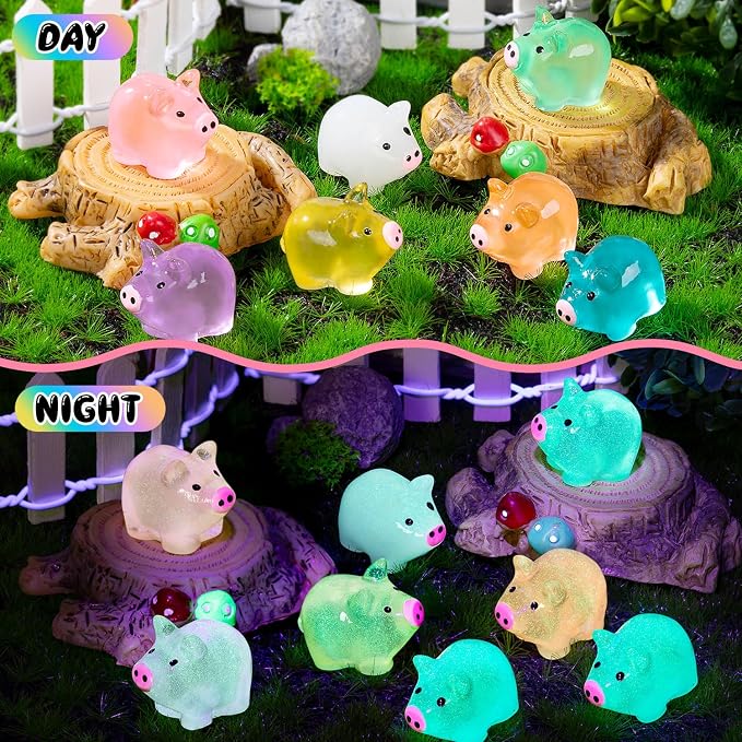 56PCS Luminous Mini Resin Pigs Figures Cute Tiny Pig for Garden Landscape | Mini Pigs Figures Glow in The Dark, Tiny Pig Miniature Charms Ornament for Garden Landscape, Dollhouses Birthday Decor