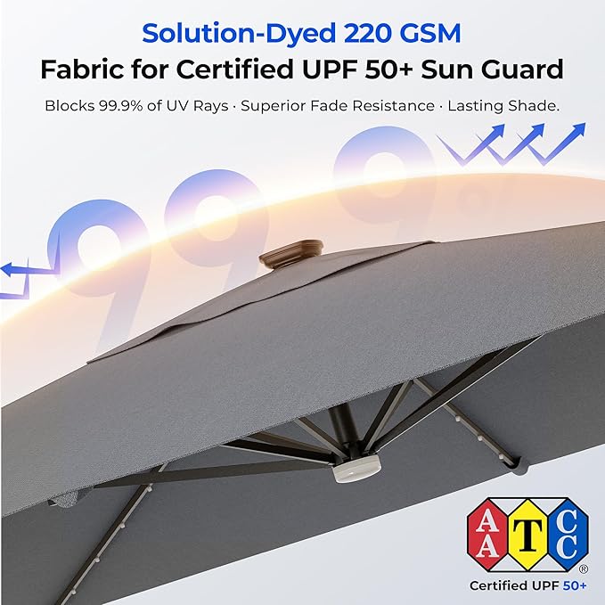 HOMSHADE 10 ft Square Cantilever Patio Umbrella with Base Included, Solar Lights Large Umbrella Outdoor Patio with 360°Rotation&Tilting, LED Lighted Offset Umbrellas w/Stand for Pool Deck