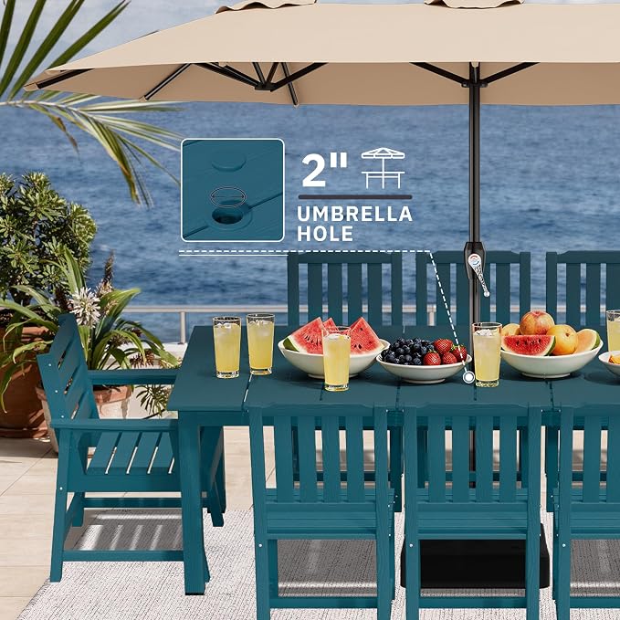AreShark 9-Piece Outdoor Dining Set,HDPE Patio Table with 8 Chairs,All-Weather Patio Furniture Set with Umbrella Hole,Low Maintenance Wood Grain Dining Set for Backyard,Garden,Poolside,Navy Blue