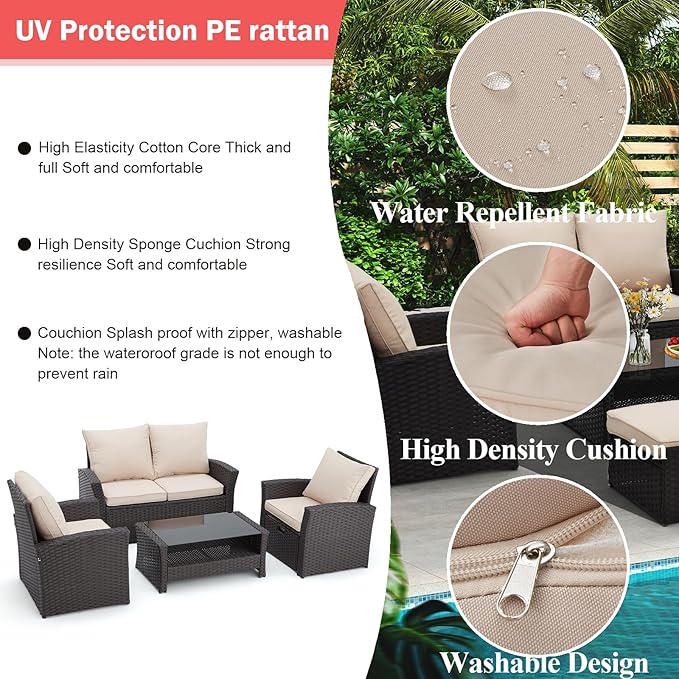 HOMREST 6 Piece Patio Conversation Set, Outdoor Sectional Conversation Rattan Sofa Set with Ottoman and Outdoor Storage Table for Garden, Porch, Backyard (Khaki)
