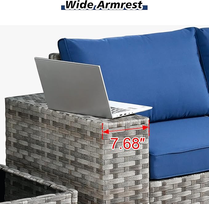 HOOOWOOO Outdoor Patio Sectional Furniture Sofa Set with Fire Pit Table,10 Piece Modern Wicker Couch with Swivel Chairs,Modular Conversation Seating Set with Widened Armrest for Garden(Navy Blue)