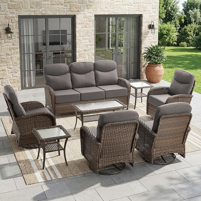 HUMMUH 8-Piece Wicker Patio Set with Swivel Rockers, 3-Seat Sofa and Table | 6 in Olefin cushions, PE rattan, steel frames, 350 lb chair capacity, for deck, porch, yard, and poolside