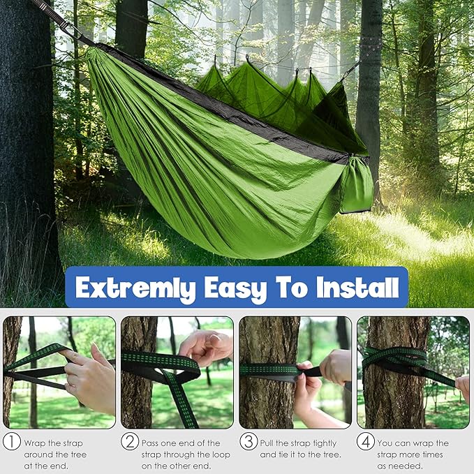 Gold Armour Camping Hammock - Camping Essentials, Double Hammock with Bug Net, Camping Gear Hammock for Outside, Hiking, and Travel (Lime Green & Gray)