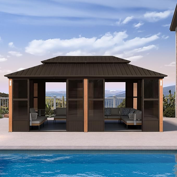 PURPLE LEAF 12' X 20' Outdoor Hardtop Gazebo with Galvanized Metal Roofs Patio Wood Grain Aluminum Frame with Screens and Doors for Deck Garden Bronze