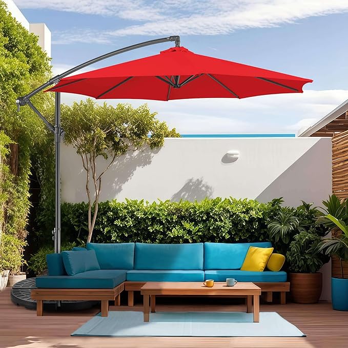 FLAME&SHADE 10ft Cantilever Patio Umbrella Outdoor, Large Offset Umbrella with Crank and Cross Base, UPF 50+ UV Protection Hanging Umbrella for Pool Deck Garden, Red