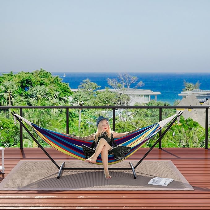 Double Hammock with Stand - Heavy Duty 450lbs Capacity, Portable Cotton Hammock for 2 Adults, Indoor & Outdoor Use with Travel Bag, Quick Assembly, Tropical Stripe Pattern