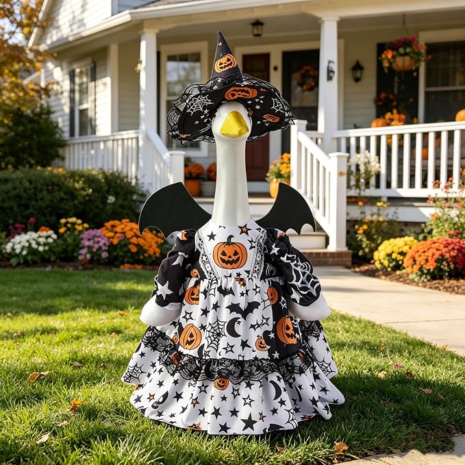 Halloween Porch Goose Outfit 23 Inch Porch Goose Clothes for Holiday | Pumpkin Dress Cape Witch Hat, Thanksgiving Goose Outfit, Christmas Goose Clothes, Holiday Costume for Lawn Geese Status