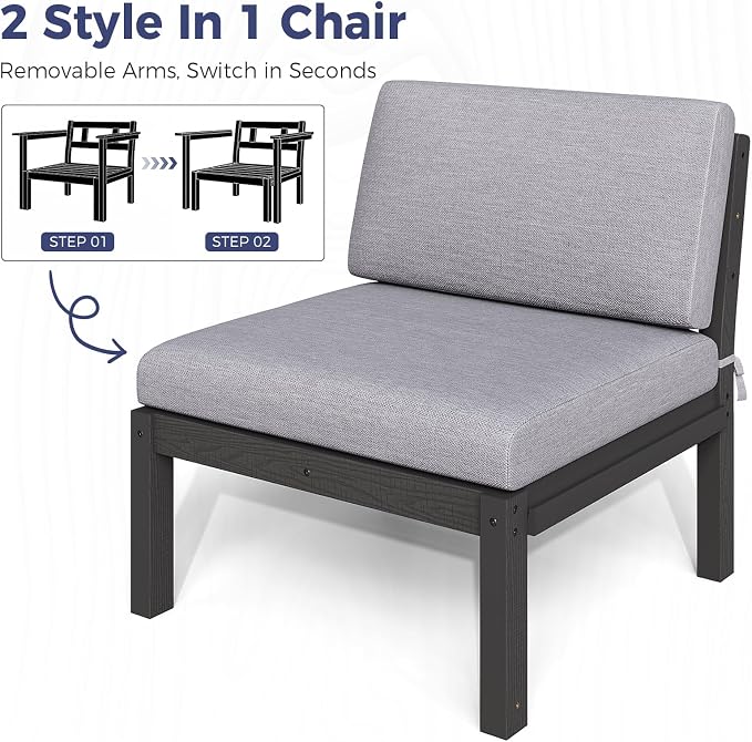 Modular Outdoor Patio Furniture Corner Seat, HIPS All-Weather Outdoor Sectional Sofa with High-Density Thick Cushions, Easy Side Interlock, Patio Seat for Backyard, Balcony, Deck (Black)