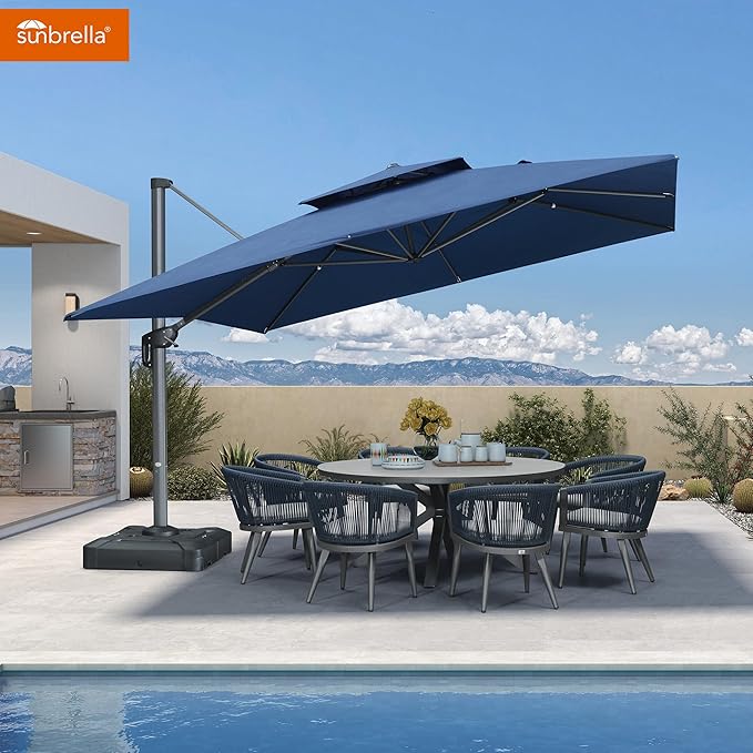 PURPLE LEAF Cantilever Umbrella with Base Included Double Top Large Offset Hanging 12FT Outdoor Square 360° Rotation Heavy Duty Umbrella for Garden Patio Deck Pool Backyard Spectrum Indigo