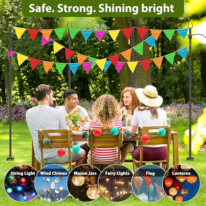 ETELI 2 Pack Light Poles for Outside, 9FT String Light Poles with Ground Stakes, Heavy Duty Outdoor Light Poles for Hanging Lanterns Patio Light Poles for Backyard Decor Wedding Party Camping, Black