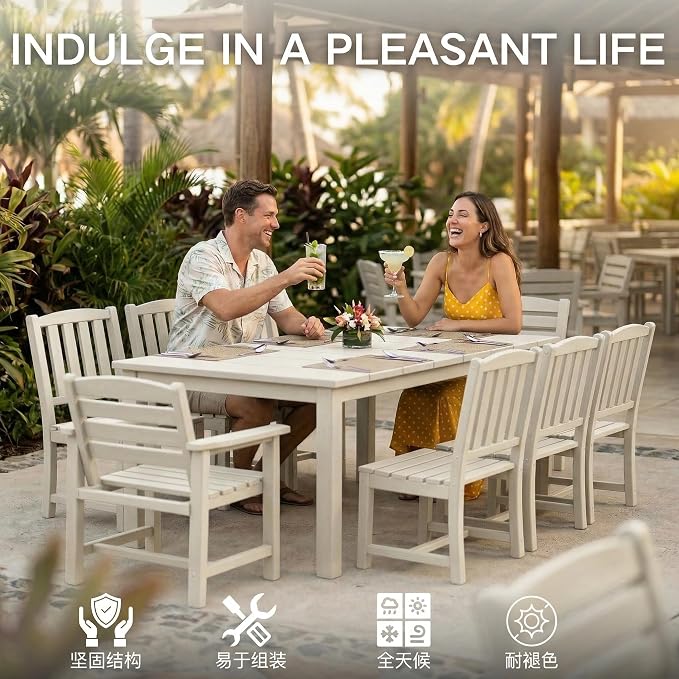 Kingdura 9 Piece Patio Dining Set for 8, 75.2'' HDPE Outdoor Dining Table Set with 2" Umbrella Hole, Weather-Resistant Outdoor Furniture, Table and Chairs Set for Backyard Pool Garden, White