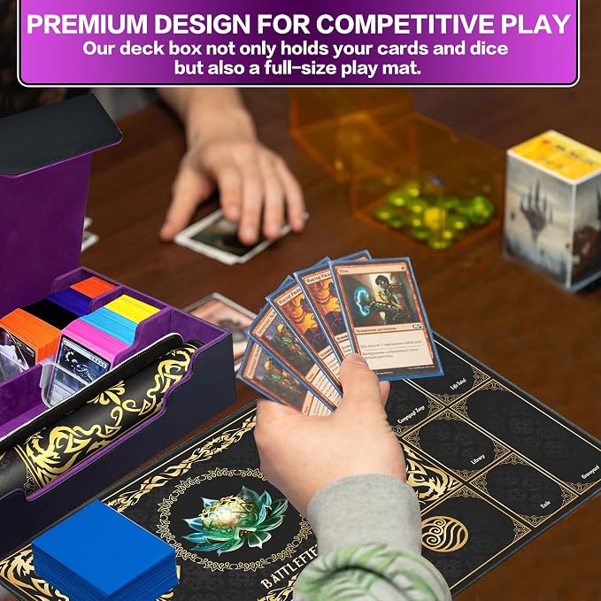 PROMAXIBINDER MTG Commander Deck Case with Playmat, B-Row Trading Card Storage Box Fits 3000+ Cards, 6 Movable Partitions 24 Dividers PU Leather Magnetic Closure, Magic/TCG/YuGiOh/Sport (Black&Purple)