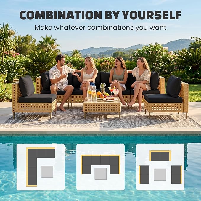 LHBcraft 7-Piece Wicker Outdoor Patio Furniture Set, Outdoor Sectional Furniture, Patio Sofa Sectional Conversation Sets, Handmade Rattan, Water-Resistant Fluffy Cushions and Coffee Table, Brown Black