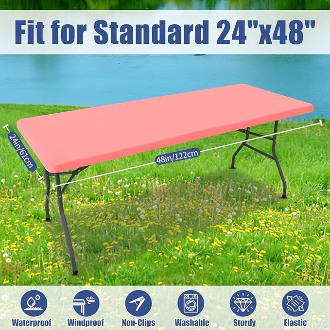 Moosfor Spandex 4 Foot Rectangle Table Cloth 2 Pack, Elastic Fitted Tablecloths for Picnic, Stretch Washable Patio Table Cover for Outdoor, Camping, Banquet and Parties (Coral Red, 24"x48")
