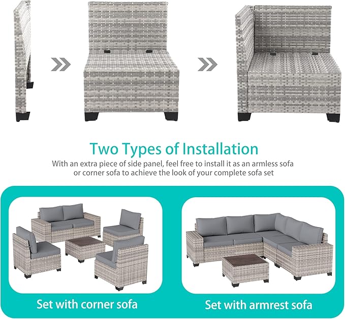 15-Piece Outdoor Patio Furniture Set with Rocking Swivel Chair Wicker Sectional Sofa Set, Patio Conversation Set with Thickened Cushions & Coffee Table for Garden, Backyard, Poolside, Grey