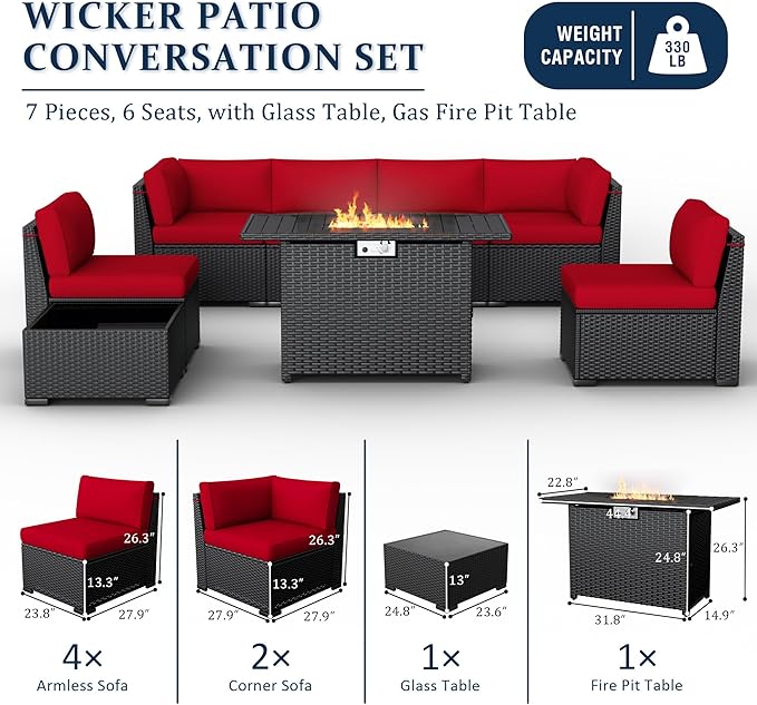 8 Pieces Outdoor Patio Furniture Set with 44" Fire Pit Table Black Rattan Sectional Conversation Sets w/Gas Fire Pit, Coffee Table, 1 Waterproof Covers, Wine red
