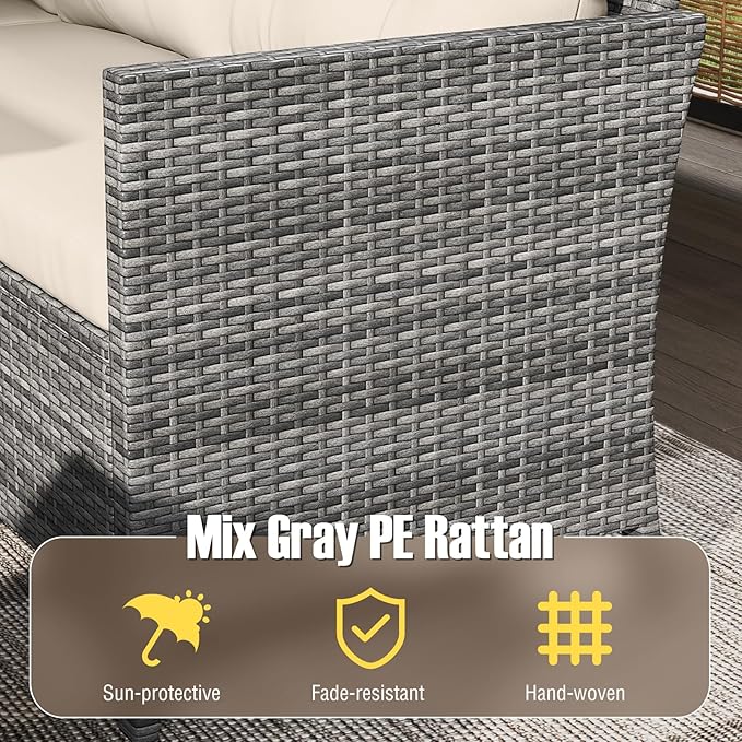 Tangkula 7 Pieces Patio Dining Furniture Set, Outdoor PE Rattan Sectional Sofa Set with Soft Cushions, Ottomans and Tempered Glass Table, Wicker Conversation Set (Mix Gray + Off White)