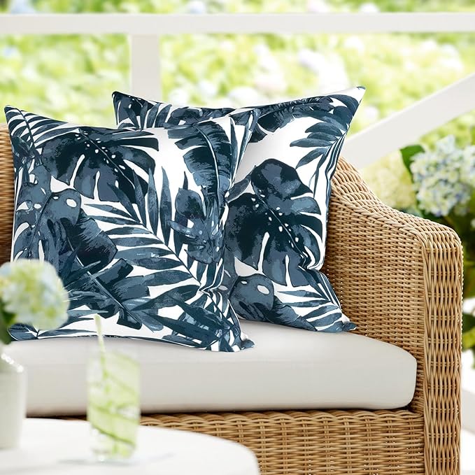 DYTXIII Pack of 2 Waterproof Outdoor Pillow with Inserts, 18x18 Square Patio Decorative Throw Pillow for Home,Sofa,Bench and Patio Furniture,Palm Blue