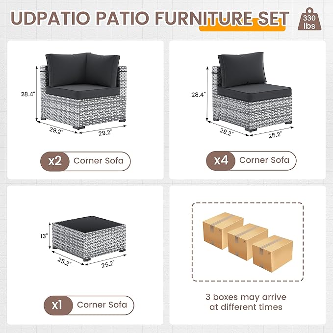 UDPATIO Outdoor Patio Furniture Set, 7-Piece PE Wicker Sectional Sofa with Tea Table, Outdoor Conversation Set for Patio, Garden, Backyard (Black Cushions with Grey Rattan)